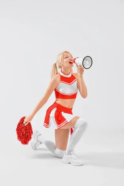 Beautiful Cheerleader Megaphone Light Background — Stock Photo, Image