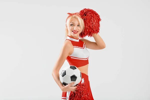 Mooie Cheerleader Met Voetbal Lichte Achtergrond — Stockfoto