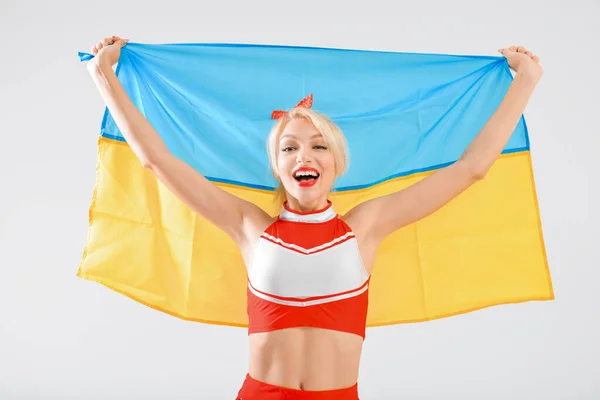 Mooie Cheerleader Met Vlag Van Oekraïne Lichte Achtergrond — Stockfoto