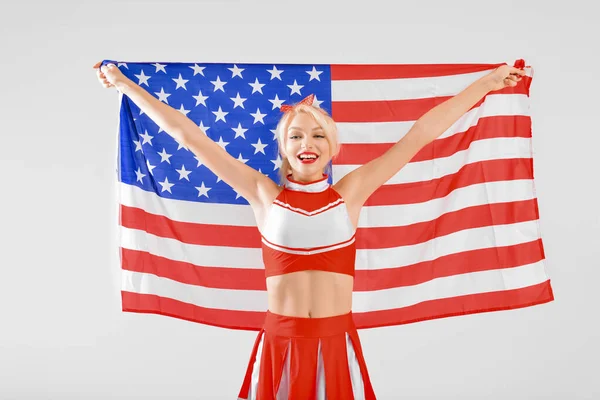Beautiful Cheerleader Usa Flag Light Background — Stock Photo, Image