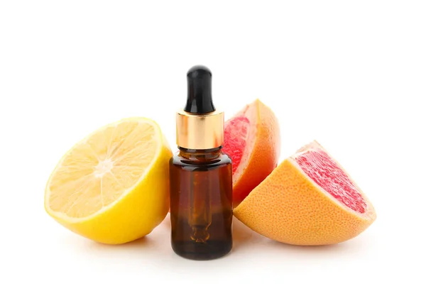 Bottle Essential Oil Vitamin Citrus Fruits White Background — Stock Photo, Image