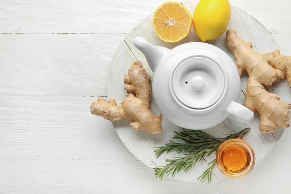 Composition Teapot Tasty Ginger Tea Ingredients Light Wooden Background — Stock Photo, Image