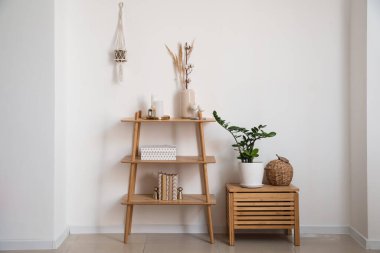 Rafları ve dekorasyonu olan modern bir oda.