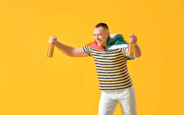 Happy Young Man Mexican Flag Bottles Color Background — Stock Photo, Image