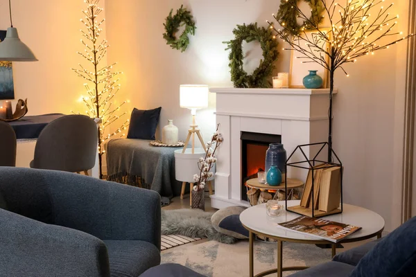 Interior Modern Room Fireplace Decorated Christmas — Stock Photo, Image