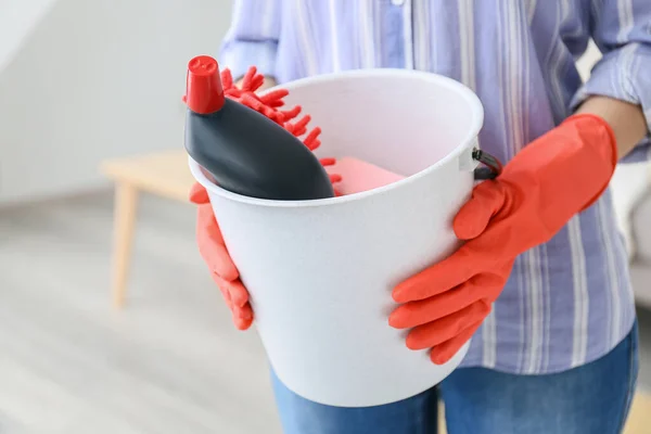 Young Woman Cleaning Supplies Room Closeup — Stock Photo, Image