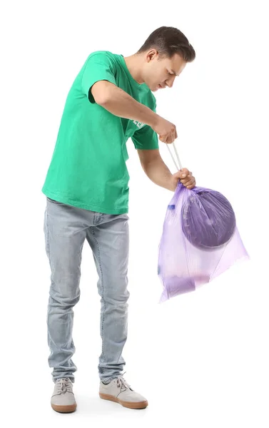 Male Volunteer Garbage Bag White Background — Stock Photo, Image