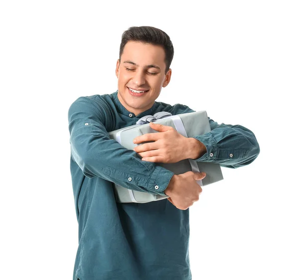 Happy Young Man Hugging Gift Box White Background — Stock Photo, Image