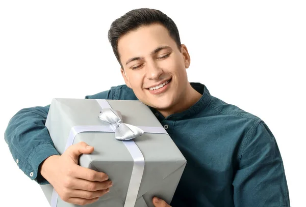 Happy Young Man Hugging Gift Box White Background — Stock Photo, Image