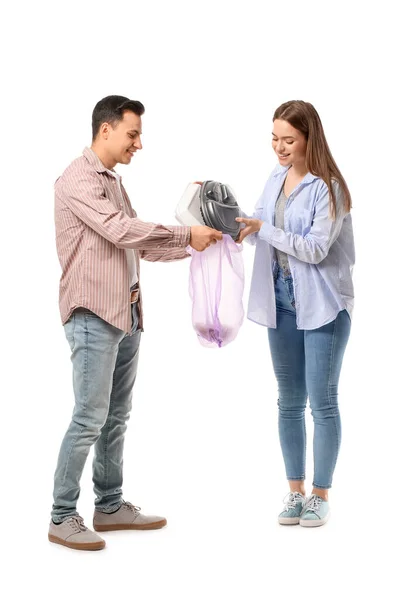 Young Couple Putting Garbage Bag White Background — Stock Photo, Image