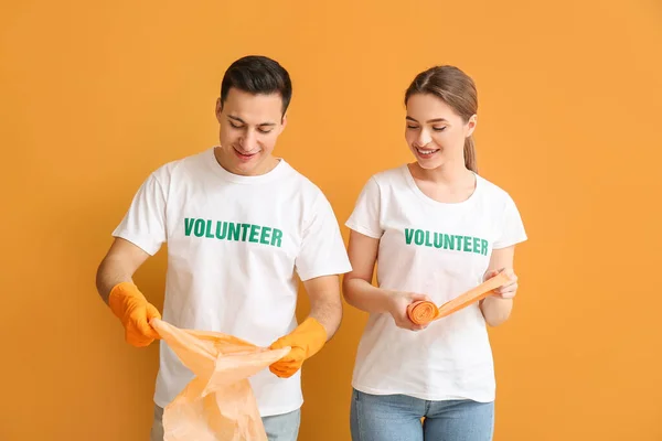 Volunteers Garbage Bags Color Background — Stock Photo, Image