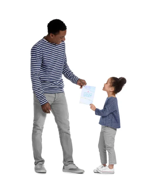 Cute African American Girl Greeting Her Dad Father Day White — Stock Photo, Image