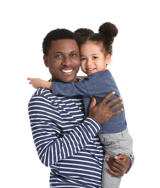 Retrato Feliz Pai Afro Americano Sua Filhinha Fundo Branco — Fotografia de Stock