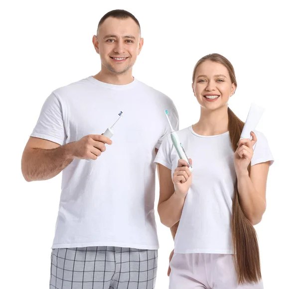 Young Couple Brushing Teeth White Background — Stock Photo, Image
