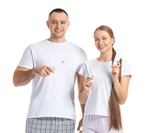 Young Couple Brushing Teeth White Background — Stock Photo, Image