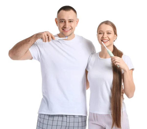 Young Couple Brushing Teeth White Background — Stock Photo, Image