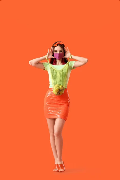 Fashionable Young Woman Wearing Mask Color Background — Stock Photo, Image