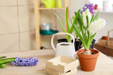 Çiçek açan bitkiler ve bahçe aletleri masada