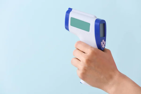 Female Hand Infrared Thermometer Color Background — Stock Photo, Image