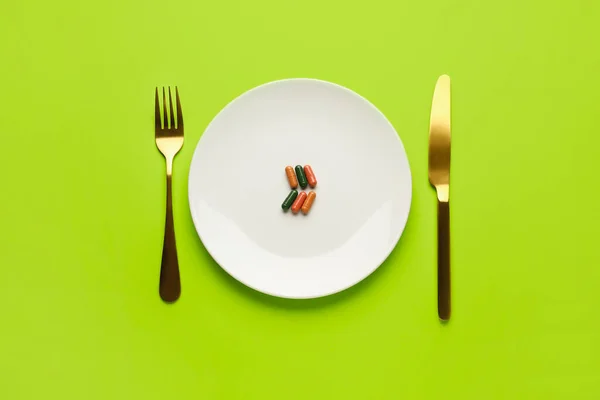 Plate Pills Cutlery Color Background — Stock Photo, Image