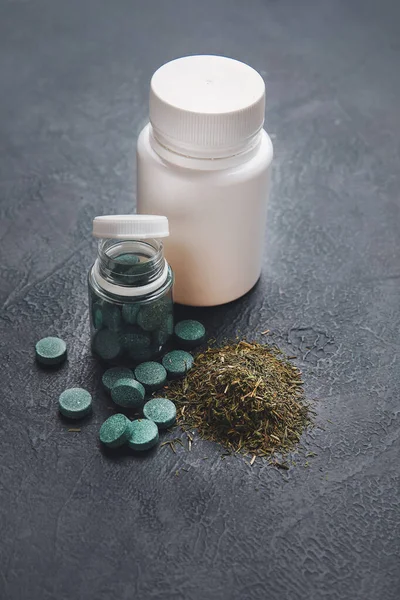 Bottles Pills Powdered Herbs Dark Background — Stock Photo, Image