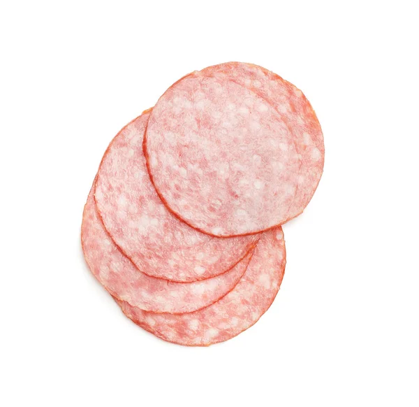 Tranches Savoureux Salami Sur Fond Blanc — Photo