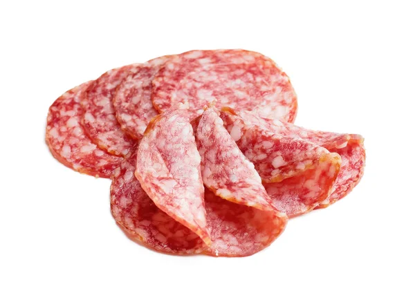 Fatias Salame Saboroso Fundo Branco — Fotografia de Stock