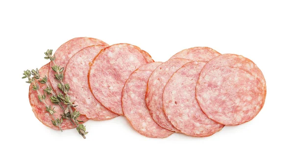 Plakjes Smakelijke Salami Witte Achtergrond — Stockfoto