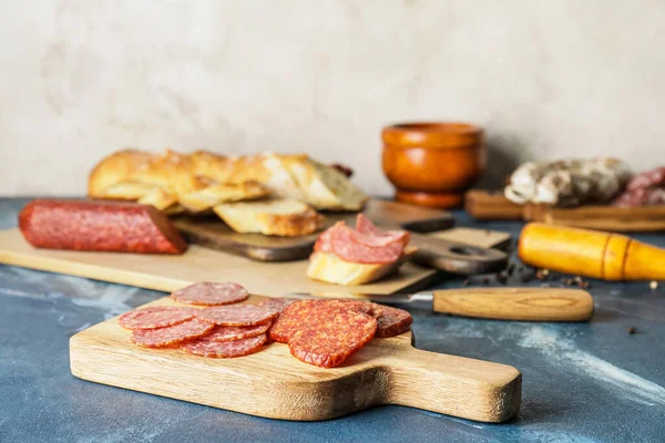 Board Slices Different Sausages Table — Stock Photo, Image