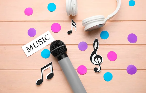 Microphone Headphones Music Notes Confetti Color Wooden Background — Stock Photo, Image