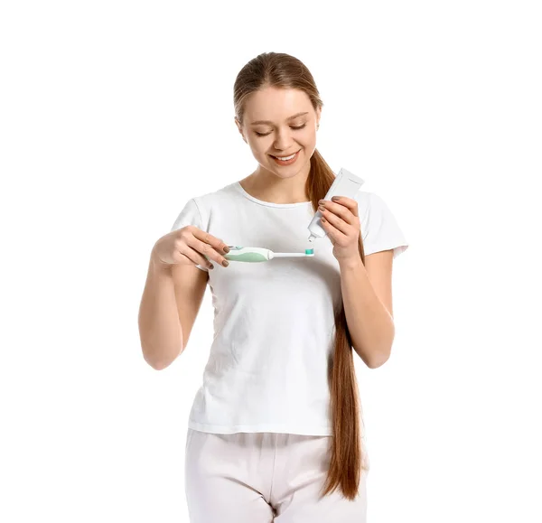 Young Woman Brushing Teeth White Background — Stock Photo, Image