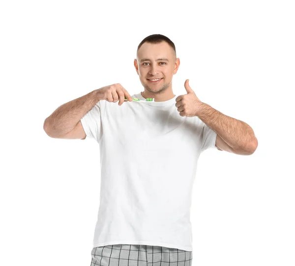 Homem Com Escova Dentes Mostrando Polegar Para Cima Fundo Branco — Fotografia de Stock