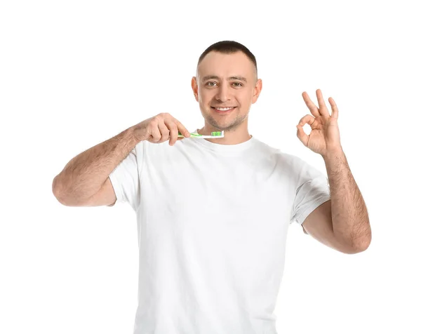 Man Tooth Brush Showing White Background — Stock Photo, Image