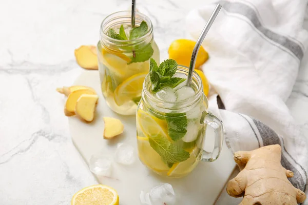 Mason Jars Ginger Lemonade Ingredients Light Background — Stock Photo, Image