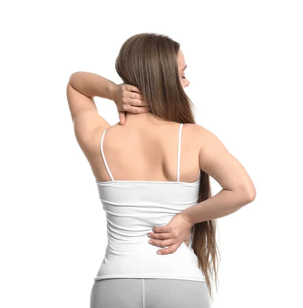 Young Woman Suffering Back Pain White Background — Stock Photo, Image