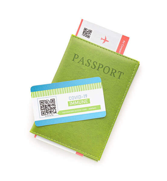 Passport, tickets and immune card on white background