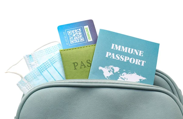 Bag Documents Immune Passport Medical Mask White Background — Stock Photo, Image