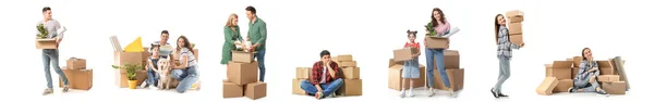 Different People Moving Boxes White Background — Stock Photo, Image