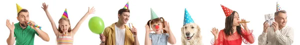 Grupo Personas Perro Sombreros Fiesta Sobre Fondo Blanco — Foto de Stock