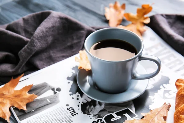 Beautiful Autumn Composition Cup Coffee Newspaper Table Closeup — Stock Photo, Image