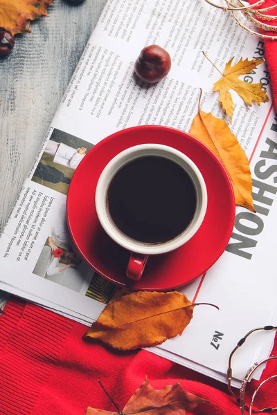 Beautiful Autumn Composition Cup Coffee Newspaper Table — Stock Photo, Image