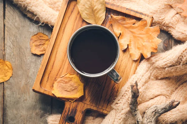 Tabla Con Taza Café Sobre Fondo Madera — Foto de Stock