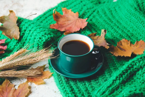 Beautiful Autumn Composition Cup Coffee Clothes Light Background — Stock Photo, Image