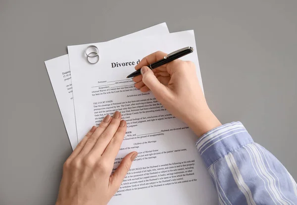 Woman Signing Decree Divorce Table Closeup — Stock Photo, Image