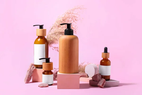 Composition Bottles Natural Hair Cosmetics Color Background — Stock Photo, Image