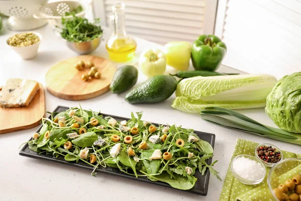 Plate Tasty Salad Olives Table — Stock Photo, Image