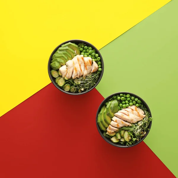 Bowls Tasty Salad Fresh Vegetables Chicken Color Background — Stock Photo, Image