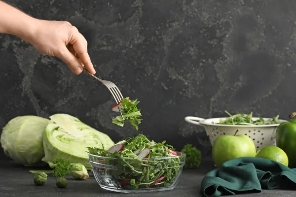 Woman Eating Tasty Salad Fresh Vegetables Dark Background — Stock Photo, Image