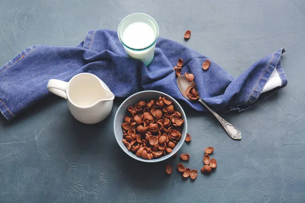 Bowl Chocolate Cornflakes Jug Milk Dark Background — Stock Photo, Image