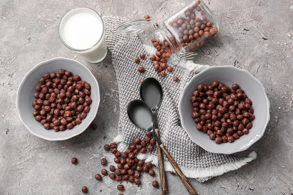 Bowls Chocolate Corn Balls Glass Milk Grey Background — Stock Photo, Image